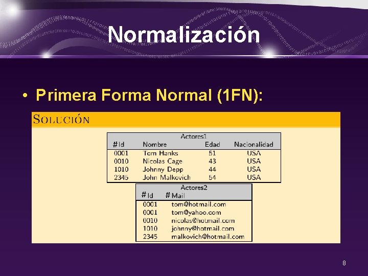Normalización • Primera Forma Normal (1 FN): # # # 8 