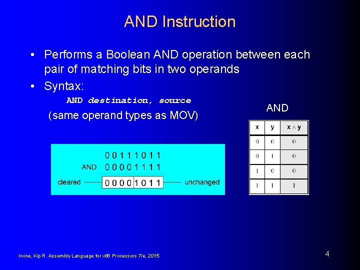 AND Instruction • Performs a Boolean AND operation between each pair of matching bits