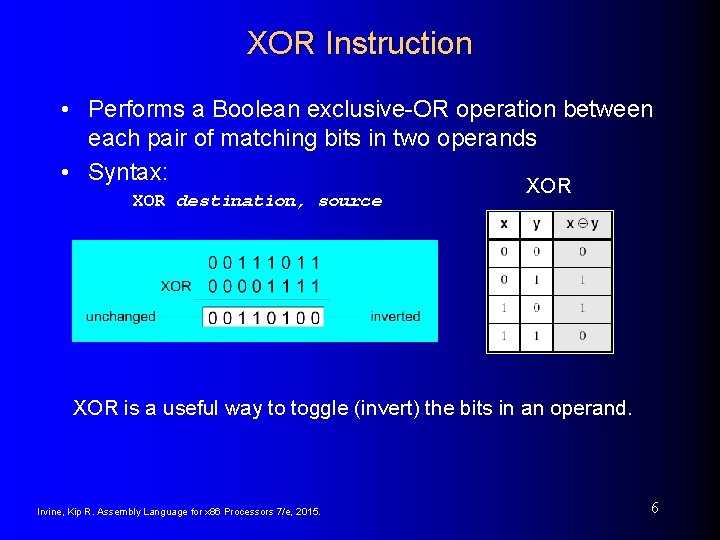 XOR Instruction • Performs a Boolean exclusive-OR operation between each pair of matching bits