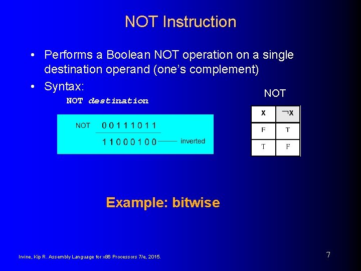 NOT Instruction • Performs a Boolean NOT operation on a single destination operand (one’s