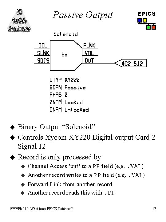 Passive Output u u u EPICS Binary Output “Solenoid” Controls Xycom XY 220 Digital