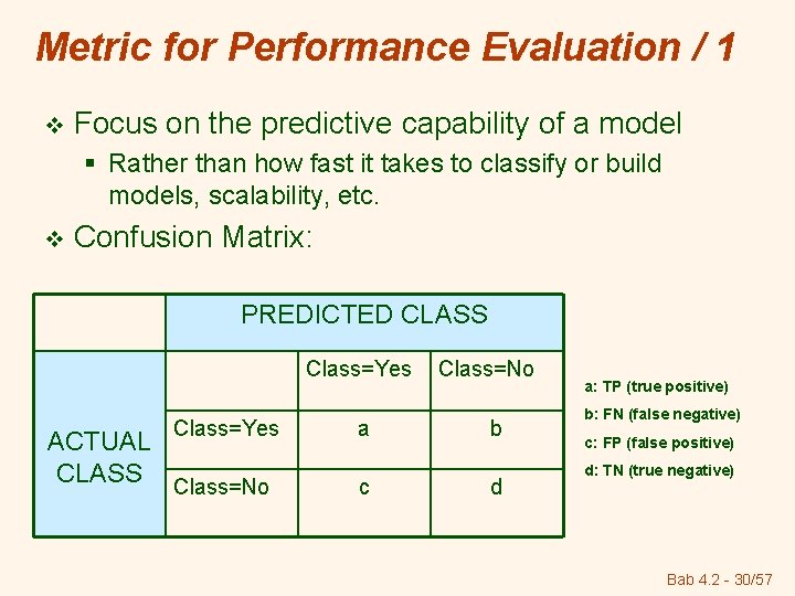 Metric for Performance Evaluation / 1 v Focus on the predictive capability of a