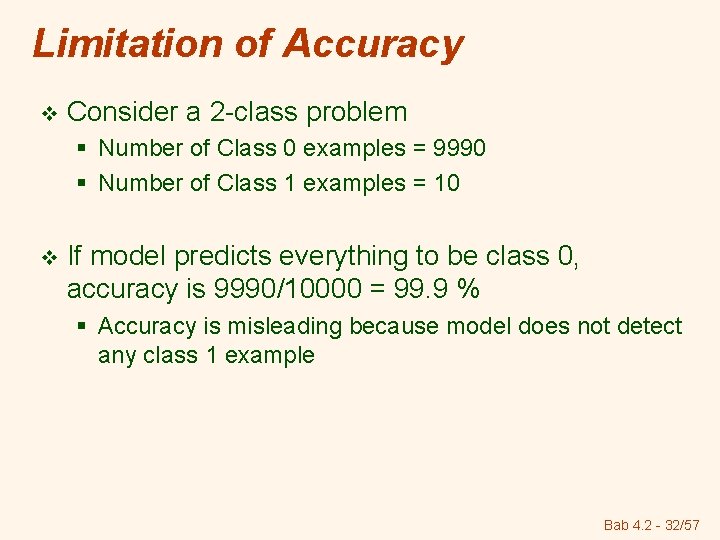 Limitation of Accuracy v Consider a 2 -class problem § Number of Class 0