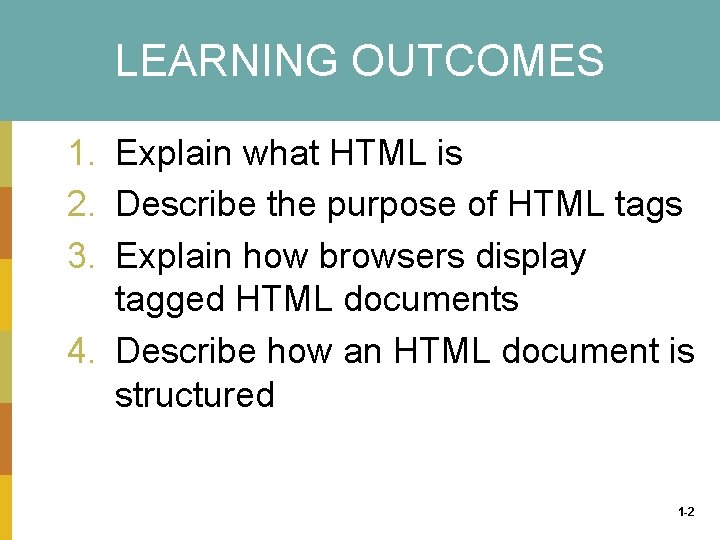 LEARNING OUTCOMES 1. Explain what HTML is 2. Describe the purpose of HTML tags