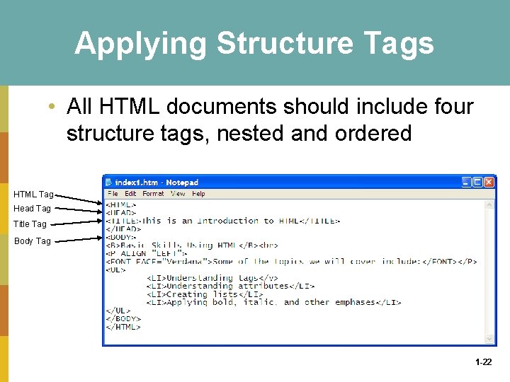 Applying Structure Tags • All HTML documents should include four structure tags, nested and
