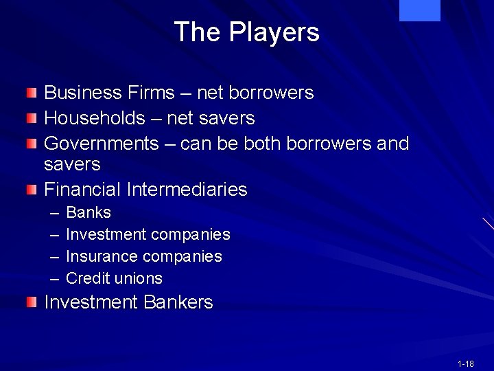 The Players Business Firms – net borrowers Households – net savers Governments – can