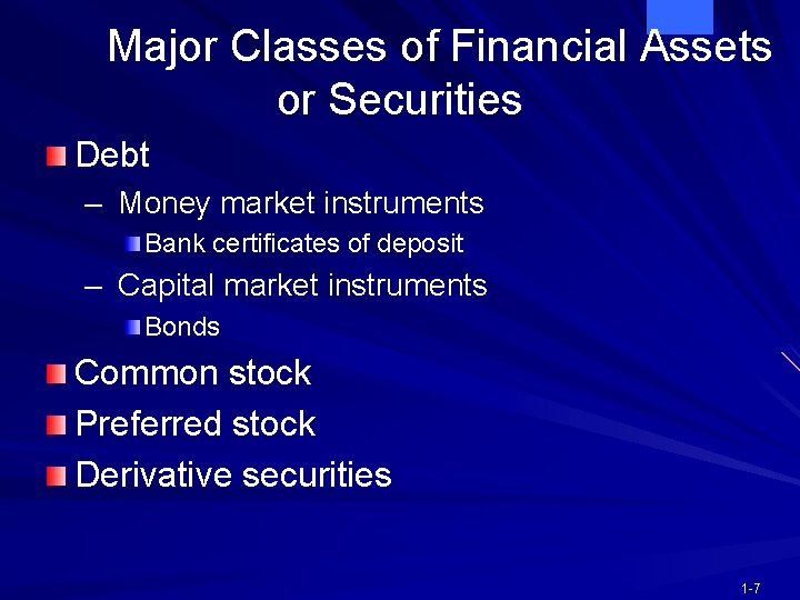 Major Classes of Financial Assets or Securities Debt – Money market instruments Bank certificates