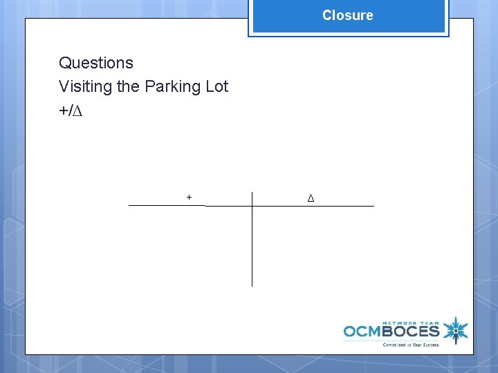 Closure Questions Visiting the Parking Lot +/∆ + ∆ 
