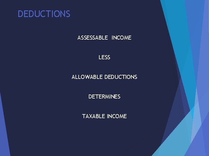 DEDUCTIONS ASSESSABLE INCOME LESS ALLOWABLE DEDUCTIONS DETERMINES TAXABLE INCOME 