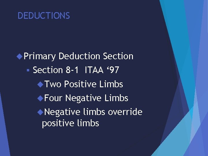 DEDUCTIONS Primary § Deduction Section 8 -1 ITAA ‘ 97 Two Positive Limbs Four