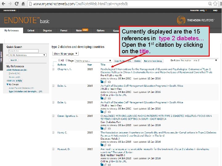 Currently displayed are the 15 references in type 2 diabetes… Open the 1 st