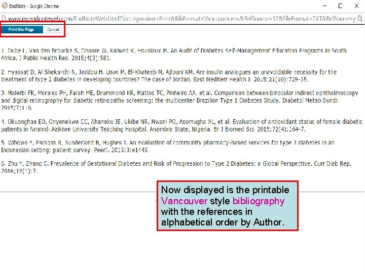 Now displayed is the printable Vancouver style bibliography with the references in alphabetical order