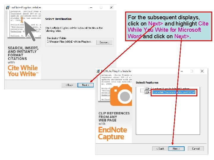 For the subsequent displays, click on Next> and highlight Cite While You Write for