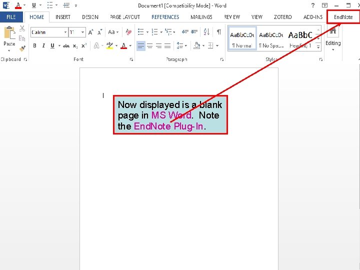 Now displayed is a blank page in MS Word. Note the End. Note Plug-In.
