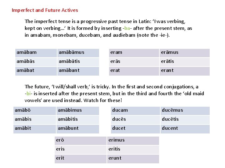 Imperfect and Future Actives The imperfect tense is a progressive past tense in Latin: