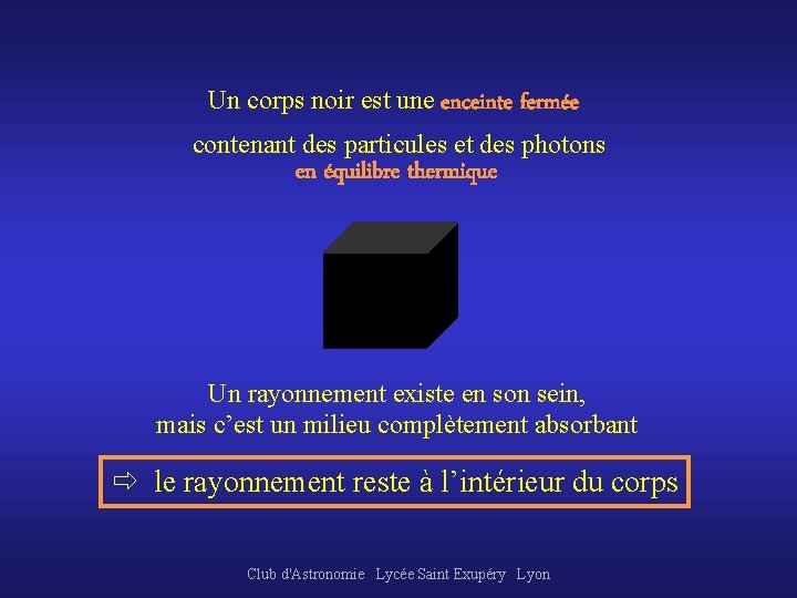 Un corps noir est une enceinte fermée contenant des particules et des photons en