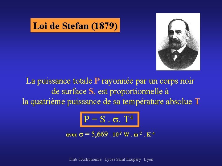 Loi de Stefan (1879) La puissance totale P rayonnée par un corps noir de