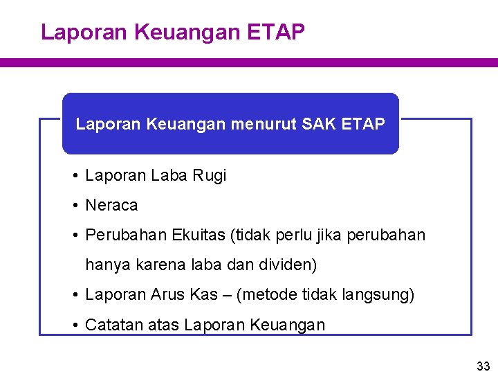 Laporan Keuangan ETAP Laporan Keuangan menurut SAK ETAP • Laporan Laba Rugi • Neraca