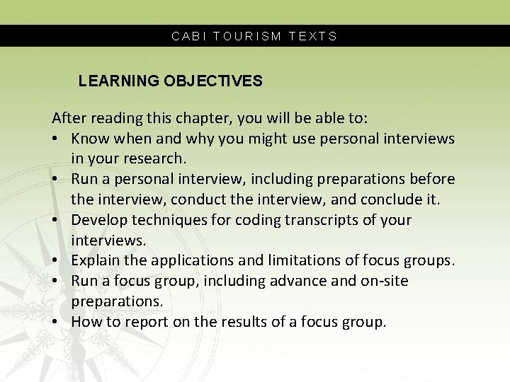 CABI TOURISM TEXTS LEARNING OBJECTIVES After reading this chapter, you will be able to: