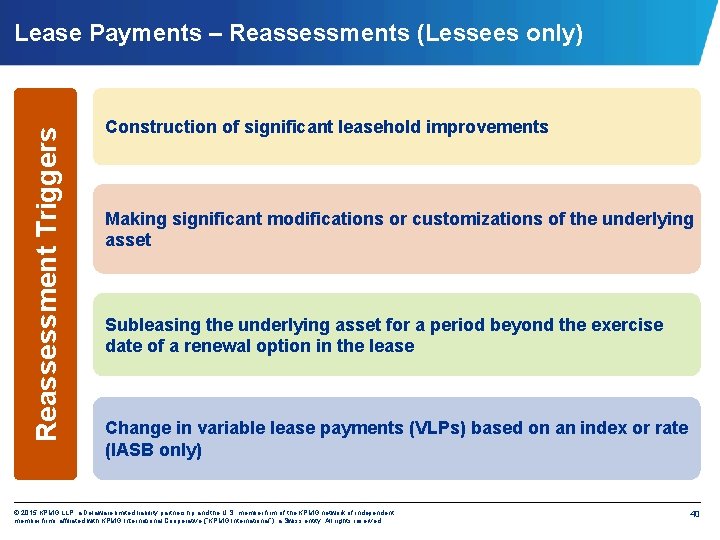 Reassessment Triggers Lease Payments – Reassessments (Lessees only) Construction of significant leasehold improvements Making