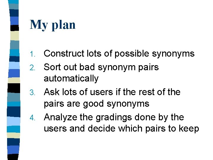 My plan Construct lots of possible synonyms 2. Sort out bad synonym pairs automatically