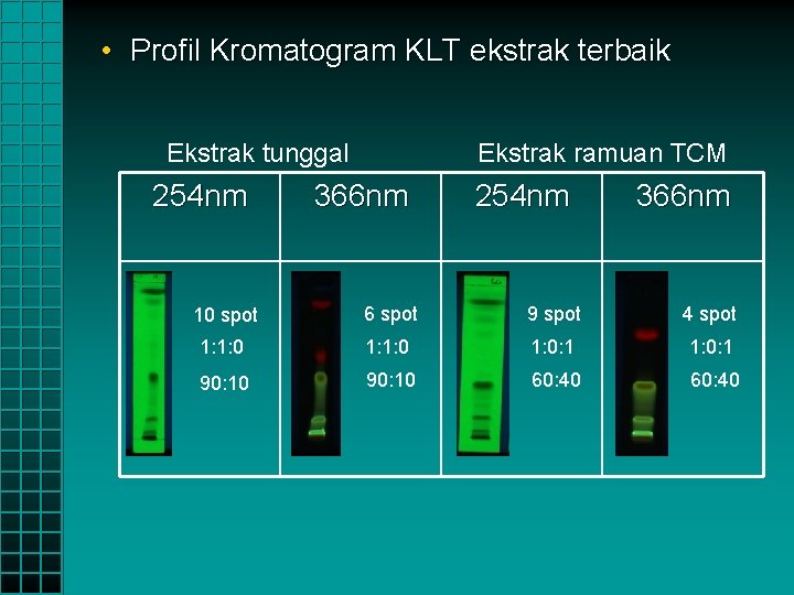  • Profil Kromatogram KLT ekstrak terbaik Ekstrak tunggal 254 nm Ekstrak ramuan TCM