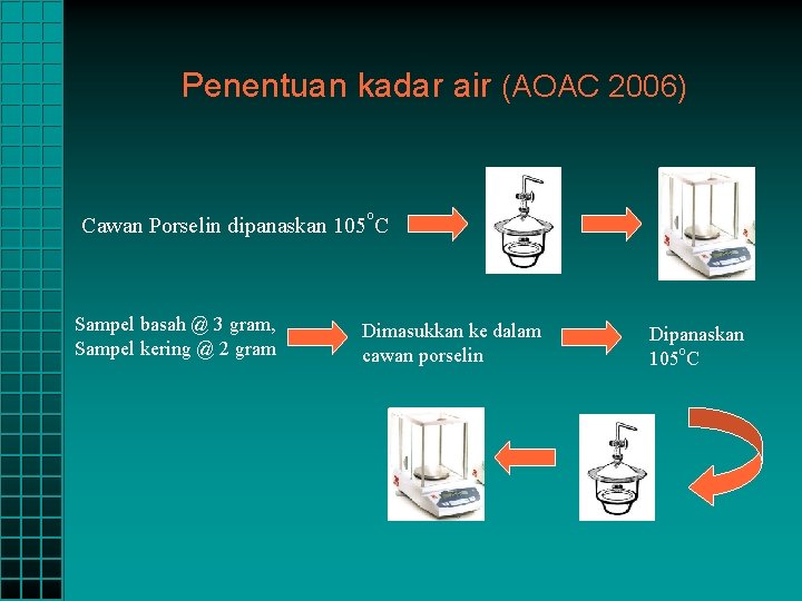 Penentuan kadar air (AOAC 2006) o Cawan Porselin dipanaskan 105 C Sampel basah @