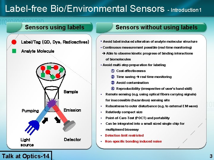 Label-free Bio/Environmental Sensors - Introduction 1 Sensors using labels Label/Tag (QD, Dye, Radioactives) Sensors