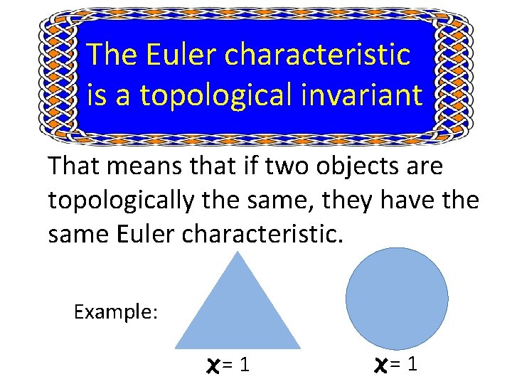 The Euler characteristic is a topological invariant That means that if two objects are