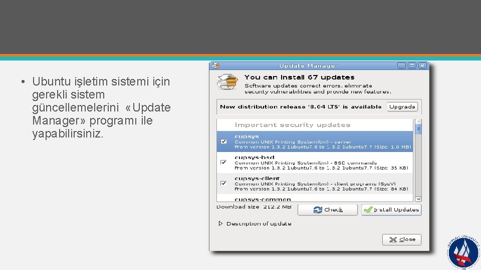  • Ubuntu işletim sistemi için gerekli sistem güncellemelerini «Update Manager» programı ile yapabilirsiniz.