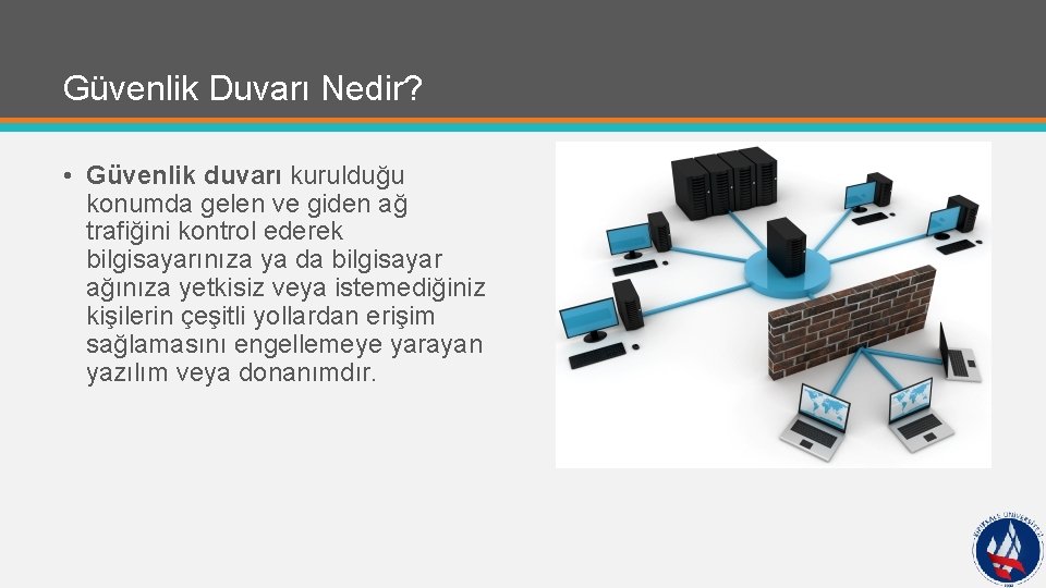 Güvenlik Duvarı Nedir? • Güvenlik duvarı kurulduğu konumda gelen ve giden ağ trafiğini kontrol