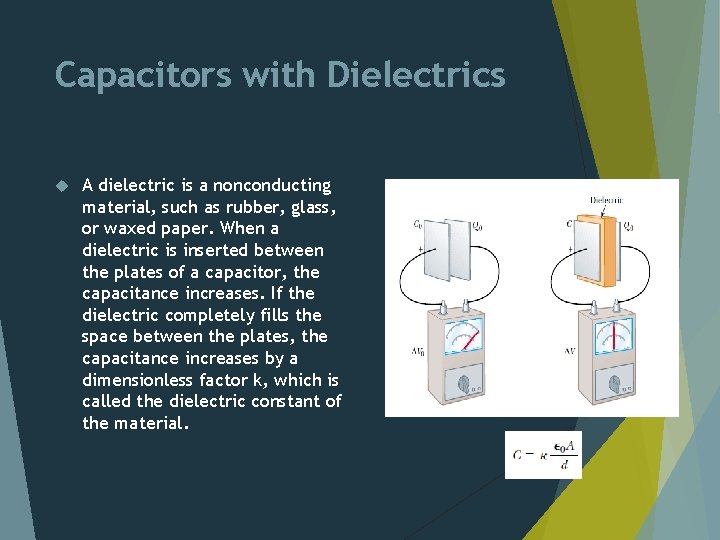 Capacitors with Dielectrics A dielectric is a nonconducting material, such as rubber, glass, or