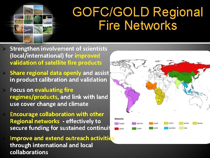 GOFC/GOLD Regional Fire Networks Ø Strengthen involvement of scientists (local/international) for improved validation of