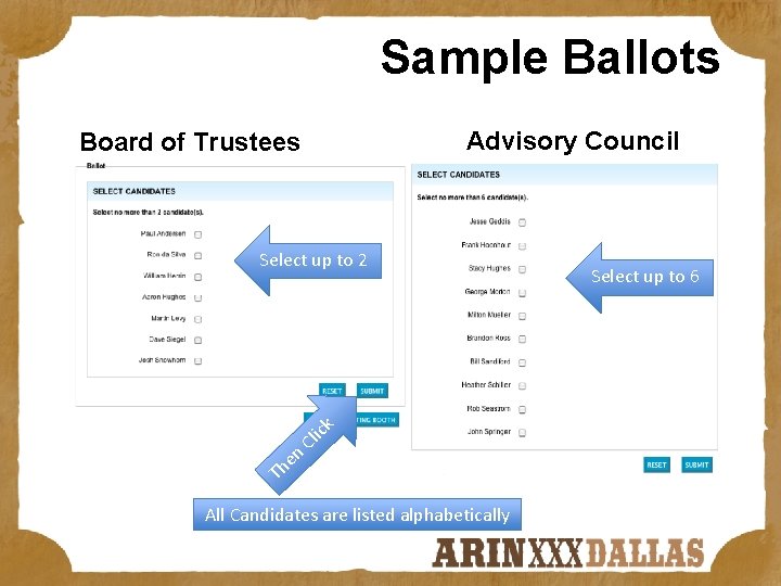 Sample Ballots Advisory Council Board of Trustees Select up to 2 k n e