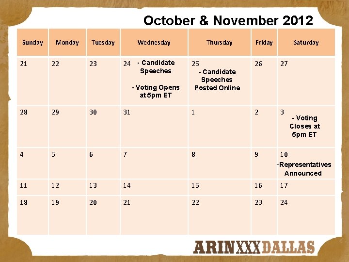 October & November 2012 Sunday 21 Monday 22 Tuesday 23 Wednesday 24 - Candidate