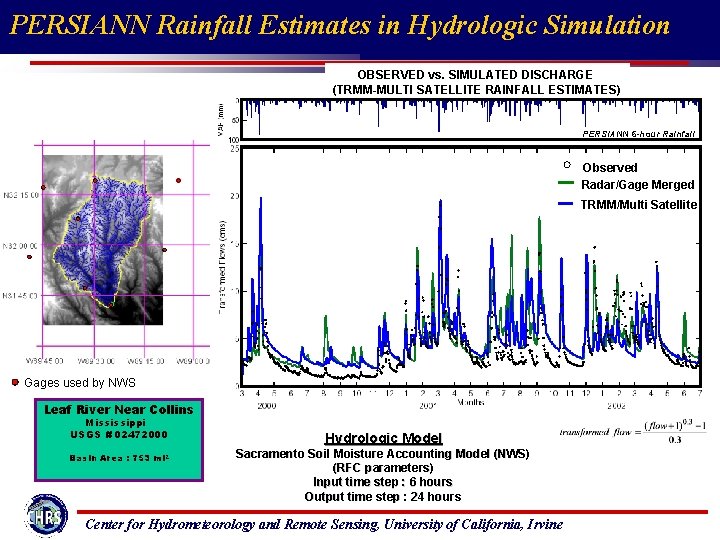 PERSIANN Rainfall Estimates in Hydrologic Simulation OBSERVED vs. SIMULATED DISCHARGE (RADAR/GAGESATELLITE MERGED RAINFALL (TRMM-MULTI