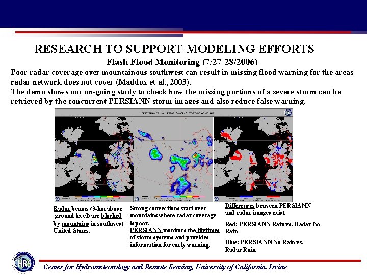 RESEARCH TO SUPPORT MODELING EFFORTS Flash Flood Monitoring (7/27 -28/2006) Poor radar coverage over
