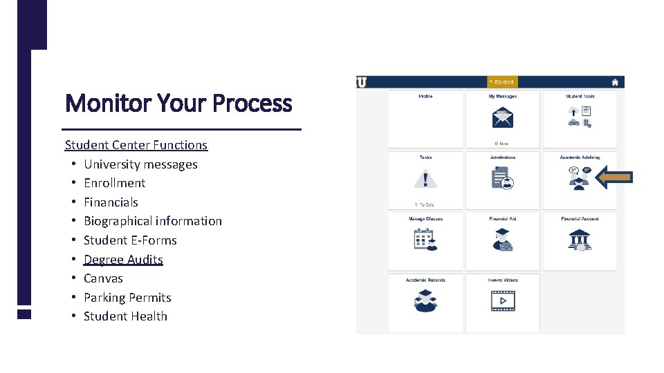 Monitor Your Process Student Center Functions • University messages • Enrollment • Financials •