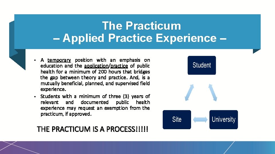 The Practicum – Applied Practice Experience – § § A temporary position with an