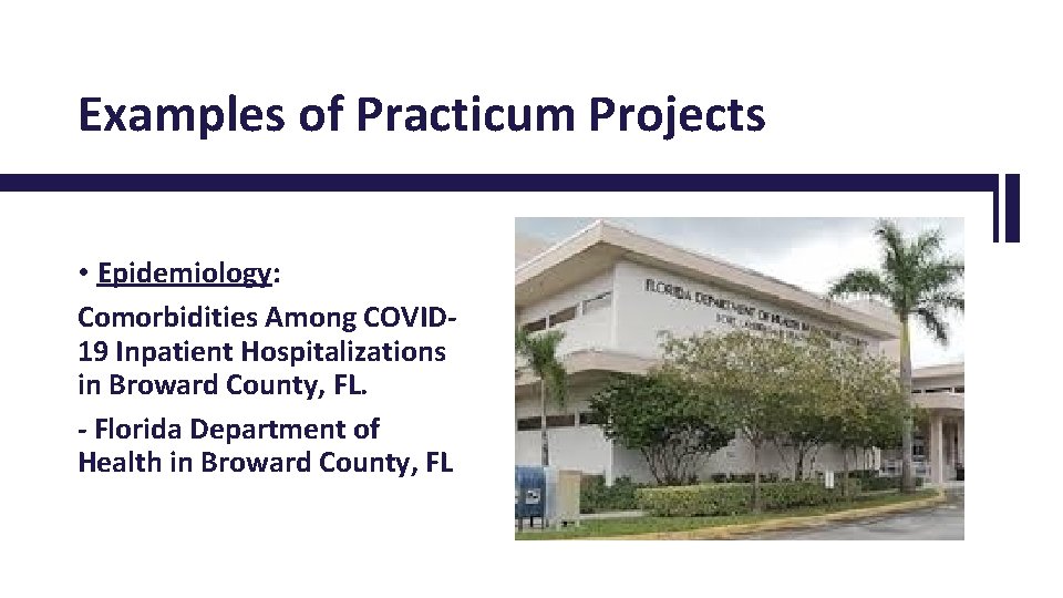 Examples of Practicum Projects • Epidemiology: Comorbidities Among COVID 19 Inpatient Hospitalizations in Broward