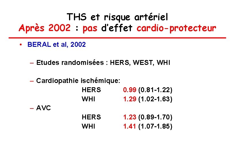 THS et risque artériel Après 2002 : pas d’effet cardio-protecteur • BERAL et al,