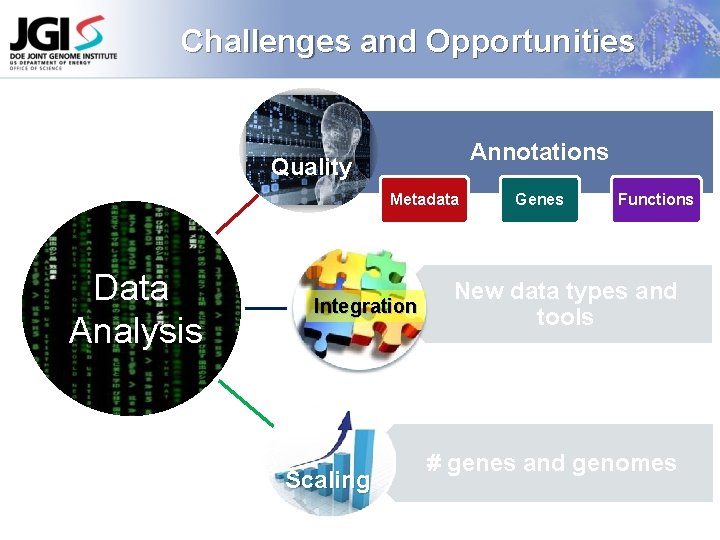 Challenges and Opportunities Annotations Quality Metadata Data Analysis Integration Scaling Genes Functions New data