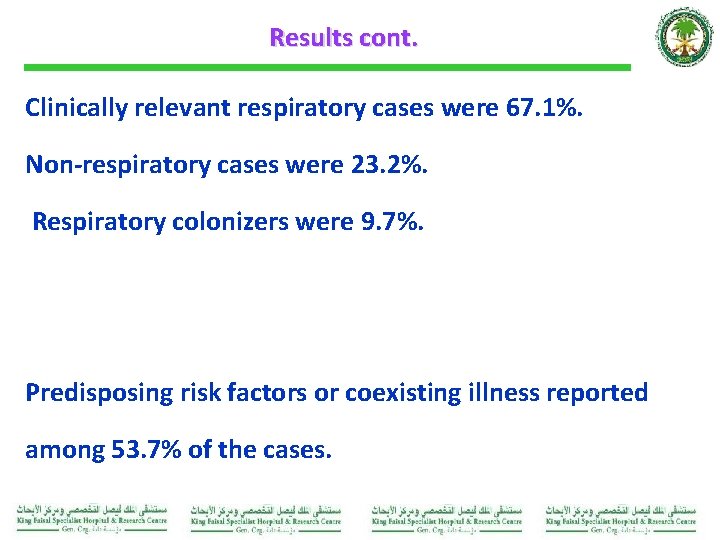 Results cont. Clinically relevant respiratory cases were 67. 1%. Non-respiratory cases were 23. 2%.