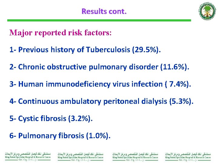 Results cont. Major reported risk factors: 1 - Previous history of Tuberculosis (29. 5%).