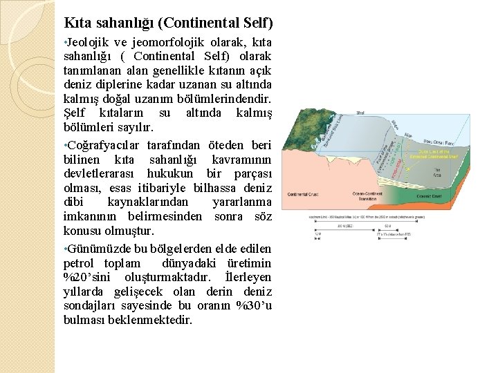 Kıta sahanlığı (Continental Self) • Jeolojik ve jeomorfolojik olarak, kıta sahanlığı ( Continental Self)