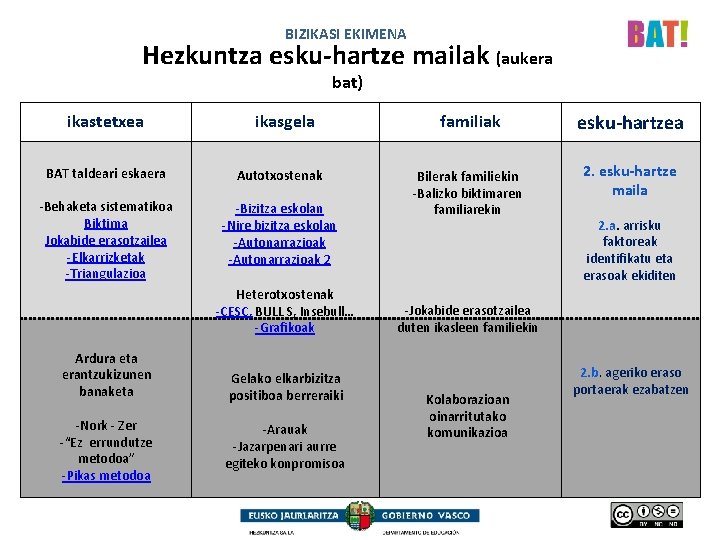 BIZIKASI EKIMENA Hezkuntza esku-hartze mailak (aukera bat) ikastetxea ikasgela BAT taldeari eskaera Autotxostenak -Behaketa