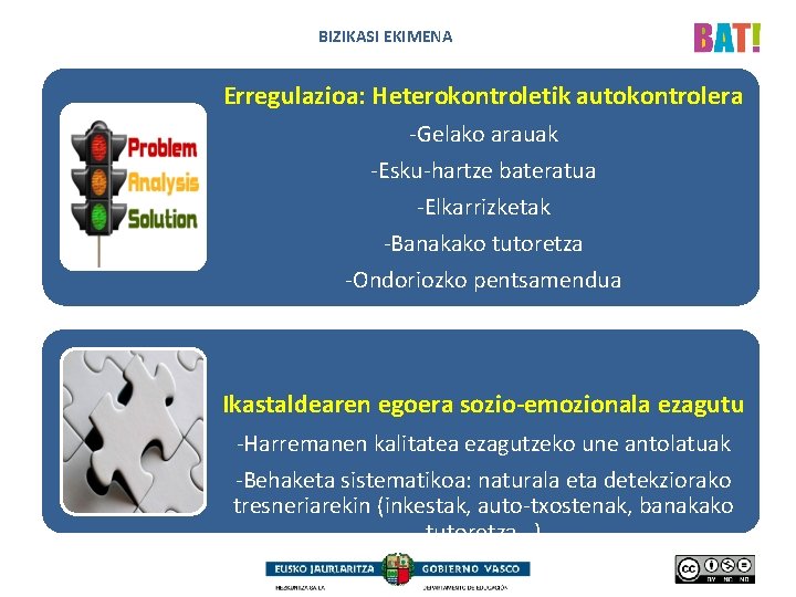 BIZIKASI EKIMENA Erregulazioa: Heterokontroletik autokontrolera -Gelako arauak -Esku-hartze bateratua -Elkarrizketak -Banakako tutoretza -Ondoriozko pentsamendua