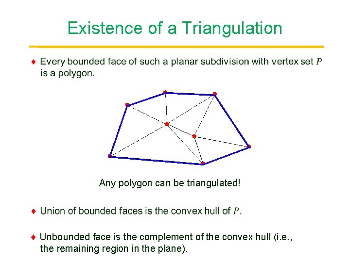 Existence of a Triangulation Point Any polygon can be triangulated! Unbounded face is the