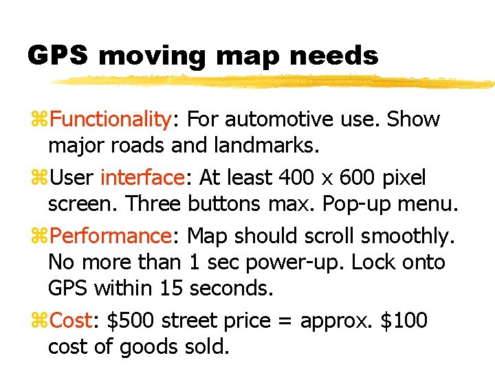 GPS moving map needs Functionality: For automotive use. Show major roads and landmarks. User