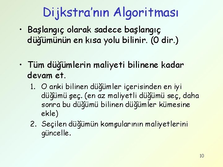Dijkstra’nın Algoritması • Başlangıç olarak sadece başlangıç düğümünün en kısa yolu bilinir. (0 dir.